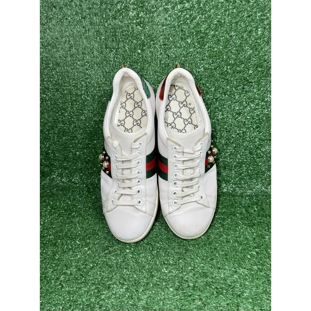 Gucci Ace Trainers Pearl Studded Web White Leather Shoes Womens Size 9 US 39 EU